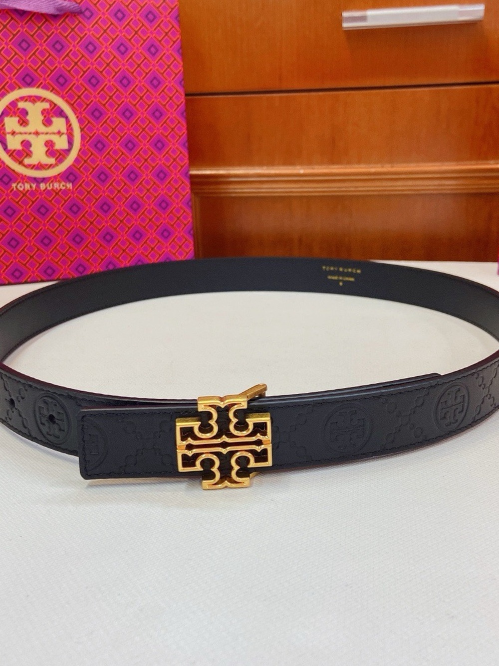 Tory Burch Navy Leather Belt with Gold Logo